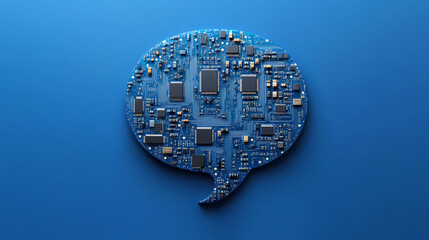 Circuit board microchips shaped like a speech bubble on blue background
