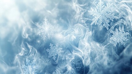 Soft abstract cold season design featuring snowflakes and swirling blue light, creating a frosty atmosphere, isolated on white