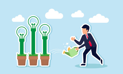 A businessman watering several light plants, illustration of maintaining business quality by constantly generating ideas and innovations