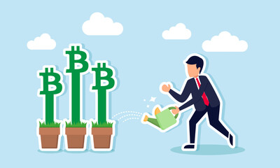 A businessman watering several Bitcoin plants, illustration of maintaining owned Bitcoin assets
