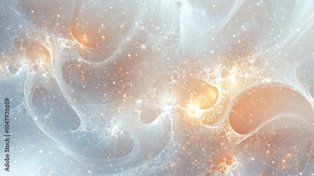 Poster soft wintery abstract background with delicate snowflakes and glowing frost patterns, isolated on wh