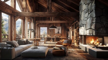 Cozy Rustic Cabin Interior with Wooden Beams and Stone