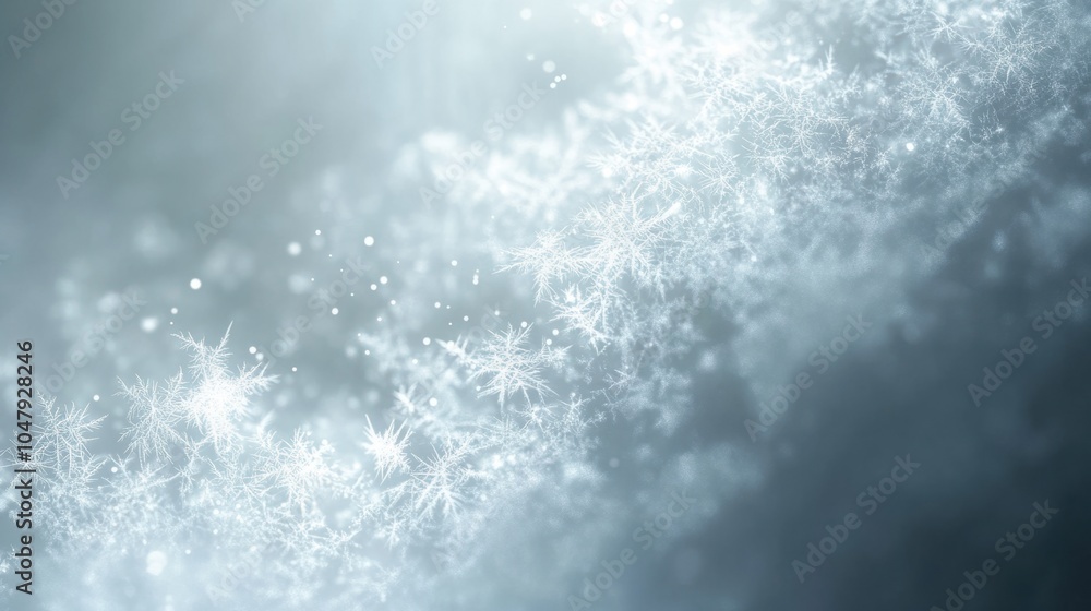 Poster soft wintery abstract background with delicate snowflakes and glowing frost patterns, isolated on wh