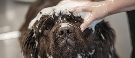Newfoundland Dog Getting A Professional Dog Wash At A Grooming Salon
