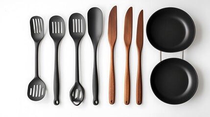 Black and Wooden Kitchen Utensils on White Background