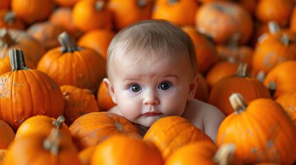 Baby Among Pumpkins in Autumn