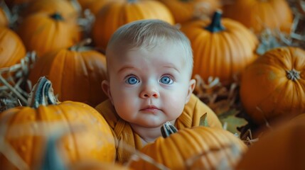 Curious Baby Among Pumpkins