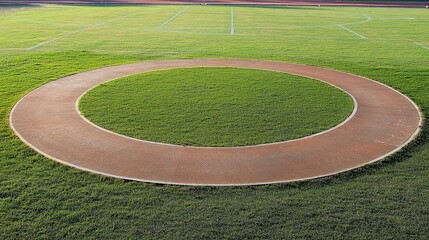A red circular track for throwing events on a green grass field.