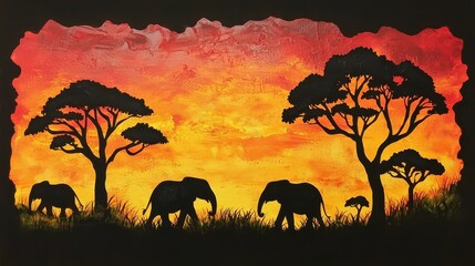 Fototapeta premium Majestic Sunset Over Savanna Silhouettes of Elephants