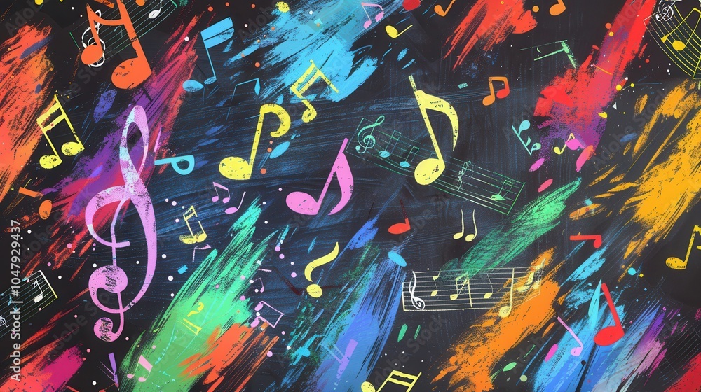 Poster a vibrant chalkboard showcases a blend of colorful brushstrokes and musical notes, expressing creati