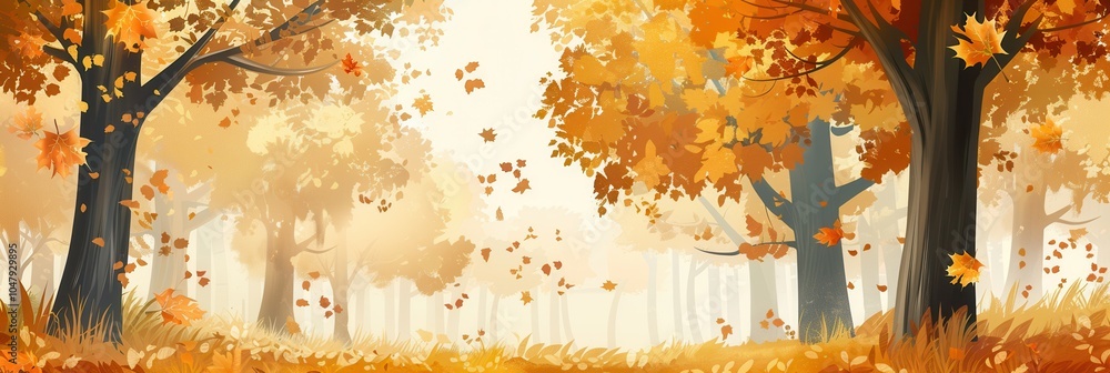 Poster a serene forest filled with golden trees, their leaves shining brightly as they fall gently to the g