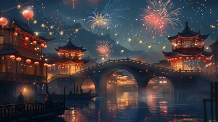 Fototapeta premium Festive Night Sky: Temples and Bridges Illuminated by Fireworks on New Year's Eve