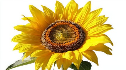 Naklejka premium A single, vibrant yellow sunflower with a dark brown center and a few green leaves isolated on a white background.