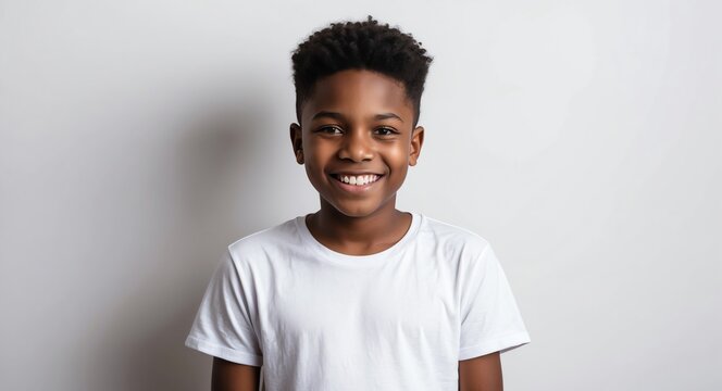 african teen boy white background wearing plain white tshirt smiling happy portrait