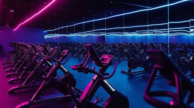 A spacious cycling studio with rows of stationary bikes illuminated by neon lights.
