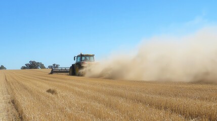 Fototapeta premium Tractor Harvesting Golden Wheat Under Bright Sky