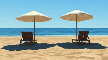 Beach Scene with Umbrellas and Chairs by the Ocean