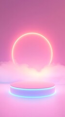 Obraz premium A serene futuristic landscape with a neon sun and misty atmosphere for creative design projects