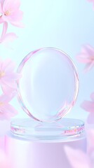 Elegant transparent sphere surrounded by delicate pink flowers symbolizing purity and serenity in a dreamy atmosphere