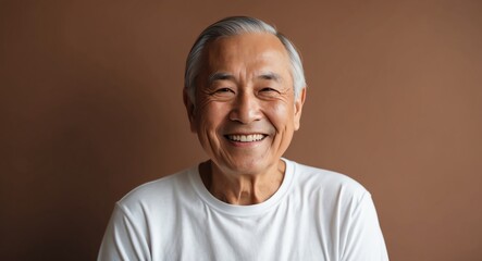 Obraz premium east asian elderly man brown background wearing plain white tshirt smiling happy portrait