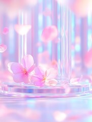 Delicate bloom ethereal petals floating in a soft dreamy landscape of translucent glass and light
