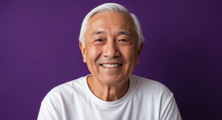 Obraz premium east asian elderly man purple background wearing plain white tshirt smiling happy portrait