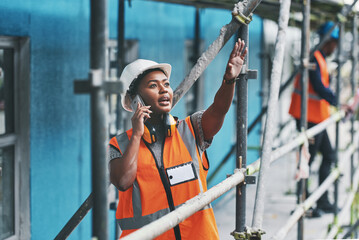 Planning, phone call and black woman on construction site for building, communication or...