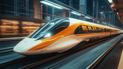 Fototapeta premium In the evening, a high-speed train travels between high-rise buildings in the city