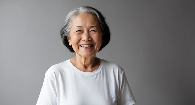 east asian elderly woman black background wearing plain white tshirt smiling happy portrait