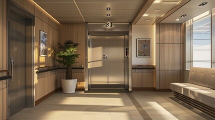 Modern Elevator Lobby with Wood Paneling and Natural Light