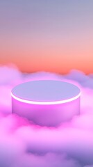 A surreal scene of a floating platform bathed in ethereal clouds at sunrise creating a dreamlike atmosphere