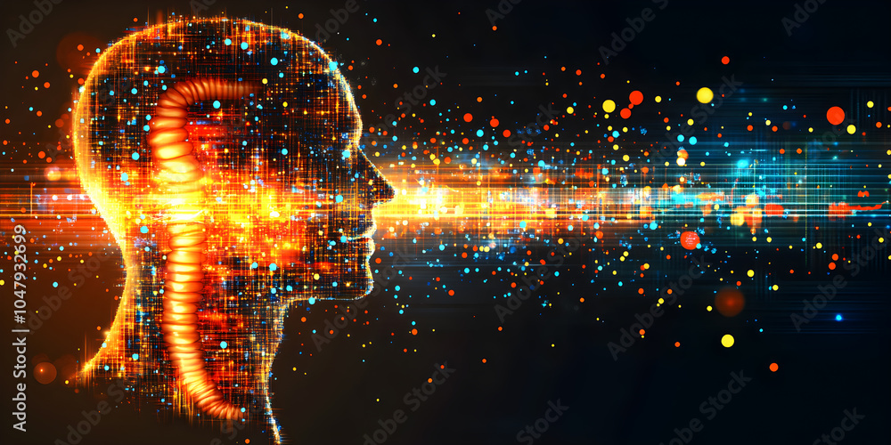 Poster a head with a face made of dots and a line of dots behind it