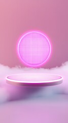 Futuristic neon circle displaying modern aesthetic in a soft pink atmosphere with floating platform effect