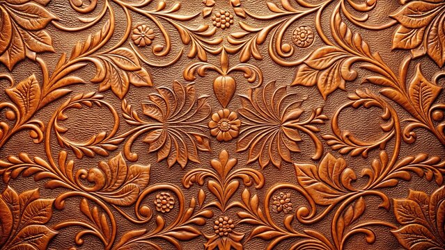 Symmetrical texture of leather with embossed floral patterns