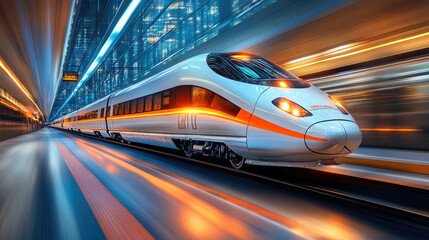 Fototapeta premium In the evening, a high-speed train travels between high-rise buildings in the city