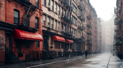 Fototapeta premium Empty New York City street at dawn with Victorian figure.