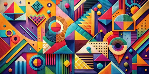 A vibrant abstract composition featuring geometric shapes in bold colors, textured surfaces, and playful patterns.