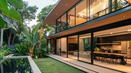 Obraz premium Modern Home with Pool and Lush Tropical Greenery