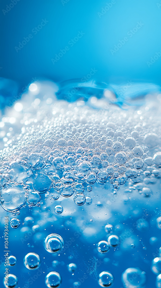 Wall mural bubbles rise in refreshing blue liquid, creating vibrant and lively atmosphere. foam and bubbles add