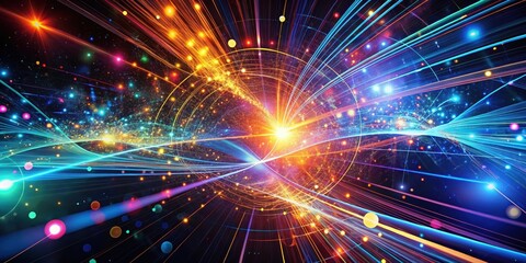 Fototapeta premium Abstract Digital Light Trails and Starry Sky with Intertwined Light Lines and Colorful Bokeh Effects