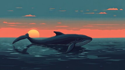 Fototapeta premium Whale cruising through calm seas at dusk Adobe Illustrator