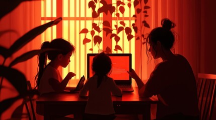Intimate Evening A Mother and Daughters' Bond Amidst a Warm Digital Glow