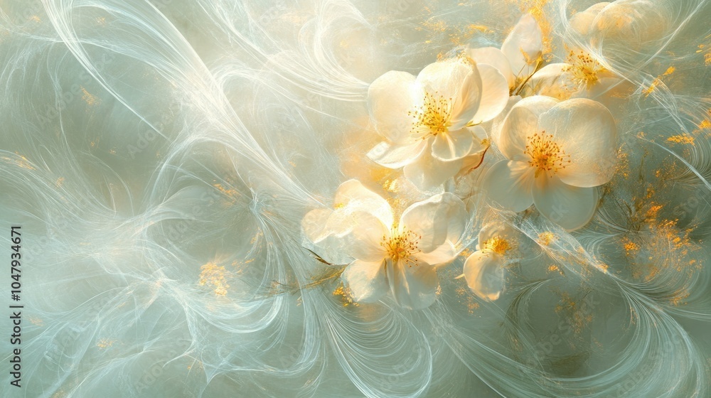 Poster abstract spring design with soft blooming flowers and warm swirling light, creating a fresh spring a