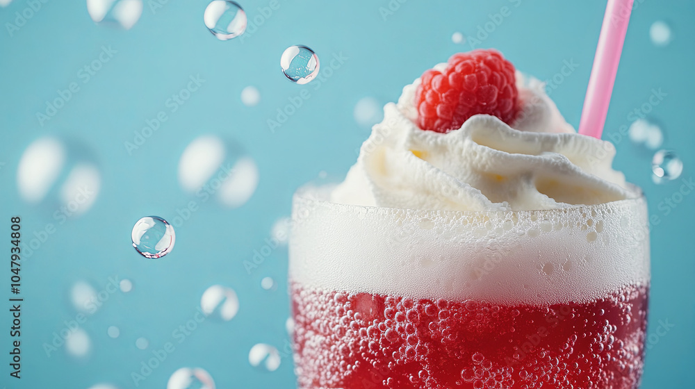 Wall mural sparkling soda topped with whipped foam and raspberry, creating refreshing and vibrant drink. bubble