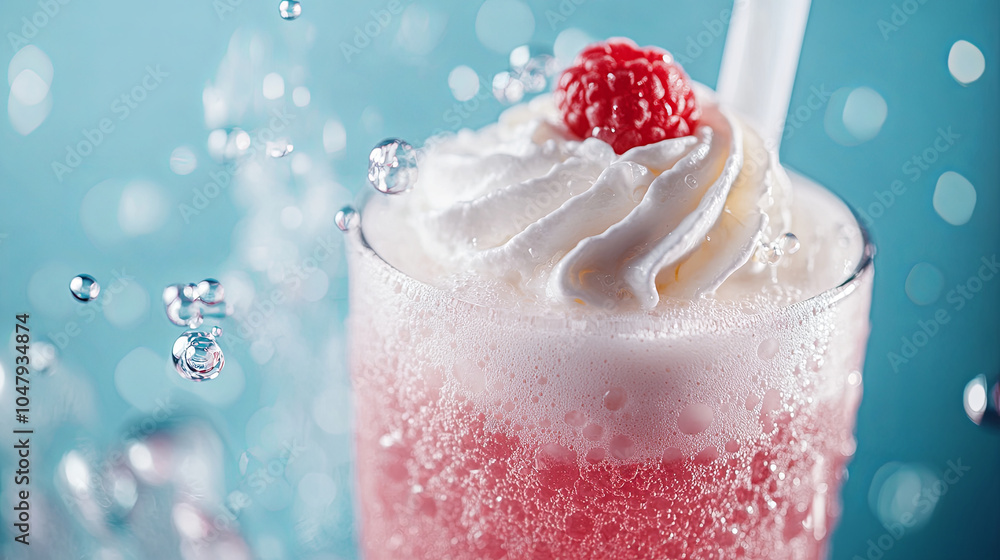 Wall mural sparkling soda topped with whipped foam and raspberry, creating refreshing and vibrant drink. bubble