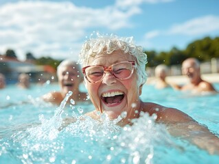 Elderly Friends Enjoy a Fun Swim at Community Pool,Splashing and Laughing