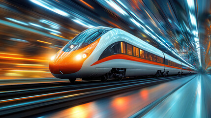 Obraz premium In the evening, a high-speed train travels between high-rise buildings in the city