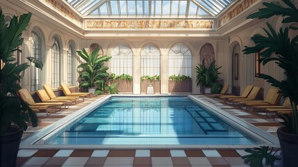 Indoor Pool with Glass Roof and Sunbeams.
