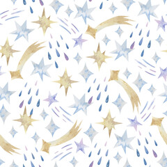Fototapeta premium Bright seamless pattern with gold and blue stars. Stars on a white background seamless texture.