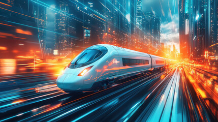 Fototapeta premium In the evening, a high-speed train travels between high-rise buildings in the city